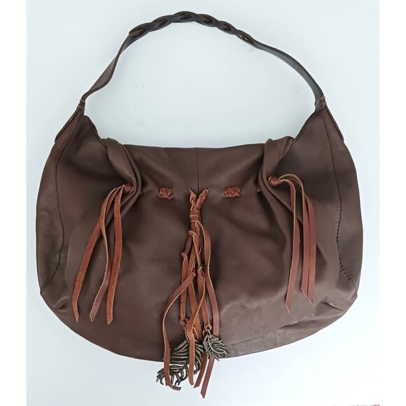 Lucky Brand Flap Hobo Brown Leather Hollywood & Vine Brass Feather Bag Charms - Picture 2 of 10